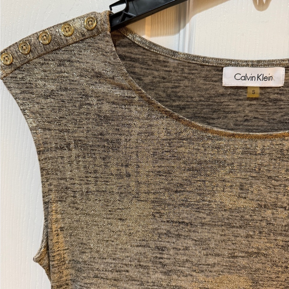Calvin Klein Gold Ruched Sleeveless Muscle Tee gold buttons on shoulder - Picture 2 of 3